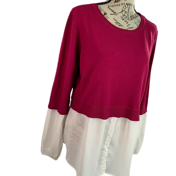 Milano Womens XL Twofer Blouse Double Layered Stretch Pink and White Long Sleeve - Picture 2 of 10